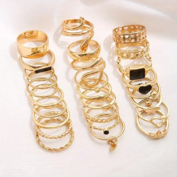 NEW 27pc Gold & Black Stackable Rings, Heart Jewelry, BOHO, Floral - Picture 2 of 3